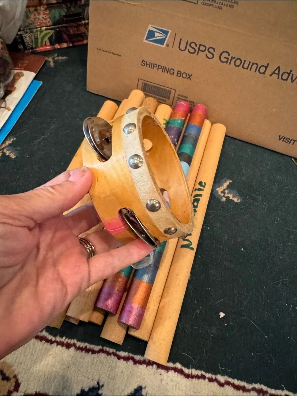 Wooden Rhythm Sticks and Tambourine Set - Multicolor